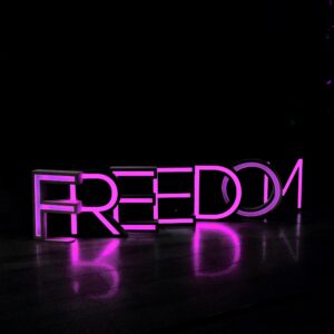 The word "Freedom" is lit up in neon purple on a black background. Purple signifies domestic violence awareness.